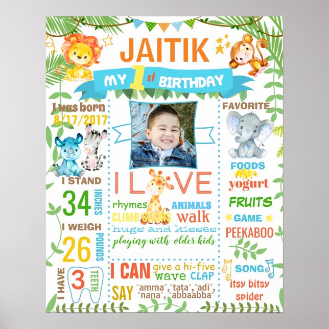 Póster Cartel de primer cumpleaños en el zoológico de los (Frente)