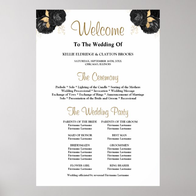 Póster Cartel de programa de ceremonia de boda floral neg (Frente)