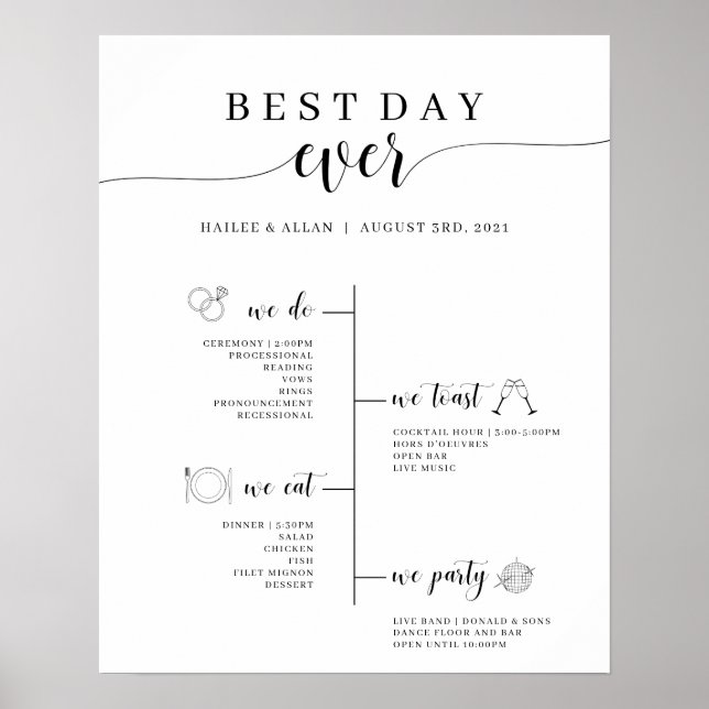 Póster Cartel de Programa de Cronograma de Boda Mejor Día (Frente)