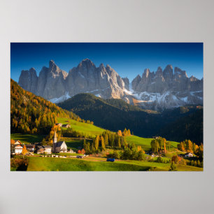 Póster Cartel de pueblo de Dolomitas en otoño