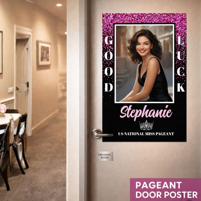 Póster Cartel de puerta del concurso Buena Suerte Brillo  (Custom pageant send-off door poster for contestants, titleholders, pageant moms, and supporters)