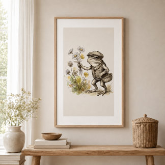 Póster Cartel de rana caprichosa con flores silvestres es