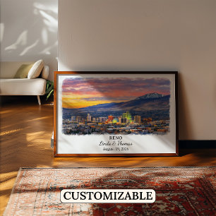 Póster Cartel de Reno Nevada, Acuarela, Personalizado