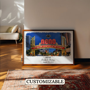 Póster Cartel de Reno Nevada, Acuarela, Personalizado