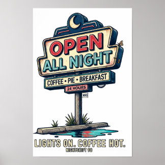 Póster Cartel de restaurante retro abierto toda la noche