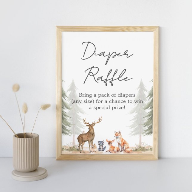 Póster Cartel de Rifas de Pañales para Fiesta de Bebé Ave (Let the Adventure Begin Woodland Baby Shower Diaper Raffle Sign)