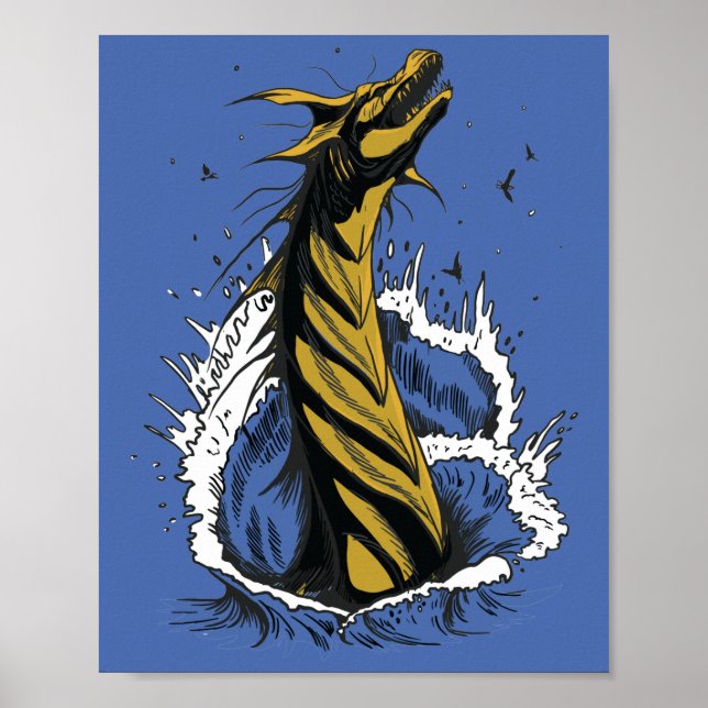 Póster Cartel de Serpiente Monstruo Marino Dorado Olas de (Frente)