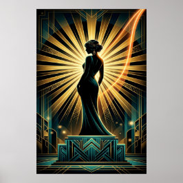 Póster Cartel de silueta de mujer dorada Art Déco elegant