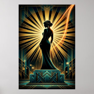 Póster Cartel de silueta de mujer dorada Art Déco elegant
