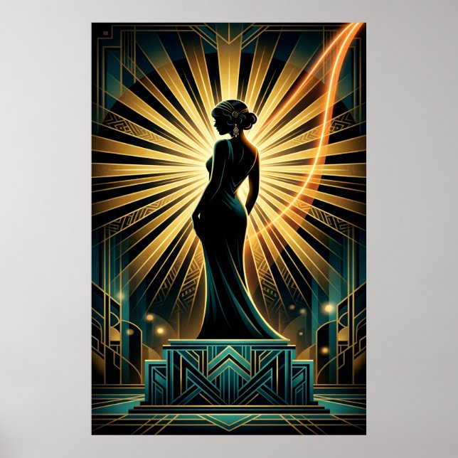Póster Cartel de silueta de mujer dorada Art Déco elegant (Frente)