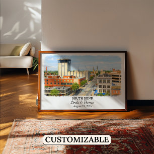 Póster Cartel de South Bend Indiana, Acuarela, Personaliz