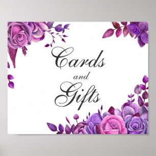 Póster Cartel de tarjetas y regalos. Boda rosa y púrpura