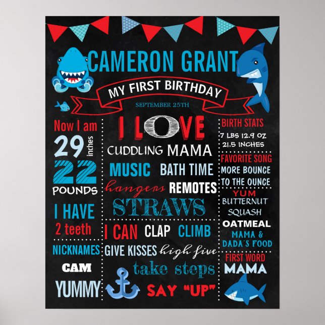 Póster Cartel de tiburón de primer cumpleaños para un niñ (Frente)