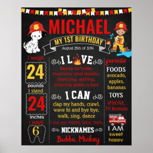 Póster Cartel de tiza de primer cumpleaños de Fireman Fir