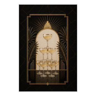 Póster Cartel de Torre de Champán Art Deco   Arte de Bar