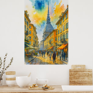 Póster Cartel de Turín Italia acuarela – Mole Antonellian