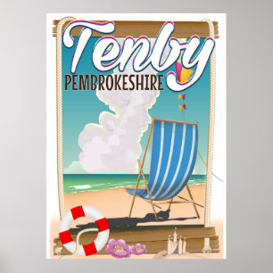 Póster cartel de viaje a la playa de Tenby Pembrokeshire