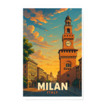 Cartel de viaje antiguo de Milán Italia Castello