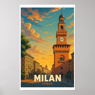 Póster Cartel de viaje antiguo de Milán Italia Castello