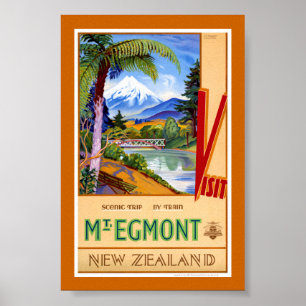 Póster Cartel de viaje antiguo de Mt. Egmont Nueva Zeland