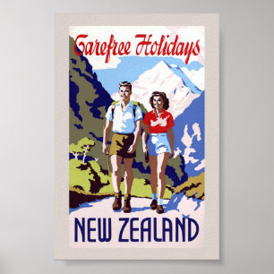 Póster Cartel de viaje antiguo de Nueva Zelanda restaurad