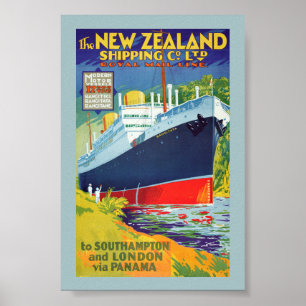Póster Cartel de viaje antiguo de Nueva Zelanda restaurad