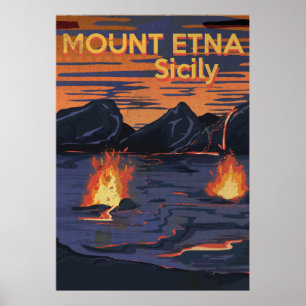Póster Cartel de viaje antiguo del Monte Etna, Sicilia