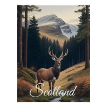 Cartel de viaje de ciervos en el bosque de Escocia