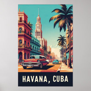 Póster Cartel de viaje de Cuba con coches clásicos