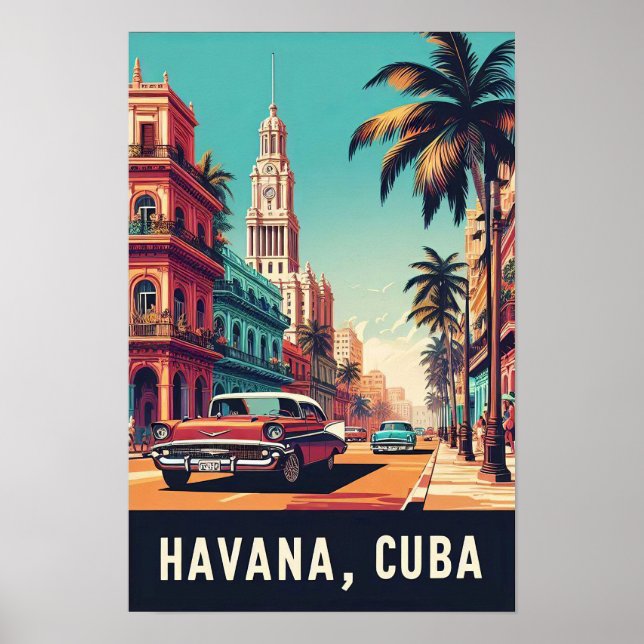 Póster Cartel de viaje de Cuba con coches clásicos (Frente)