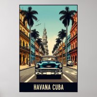 Cartel de viaje de Cuba con coches clásicos