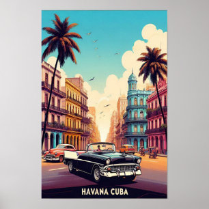 Póster Cartel de viaje de Cuba con coches clásicos