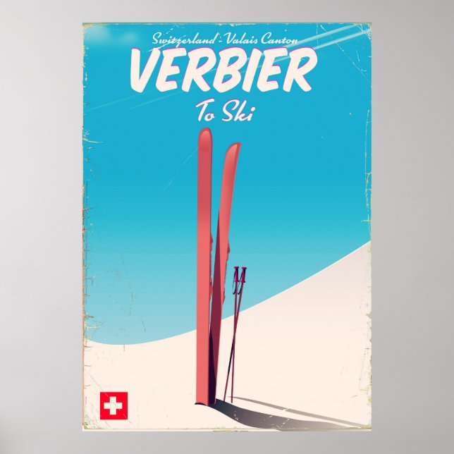 Póster Cartel de viaje de esquí vintage de Verbier, Suiza (Frente)