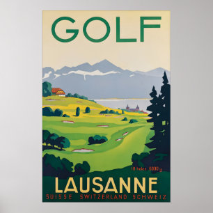 Póster Cartel de viaje de golf vintage Lausana Suiza