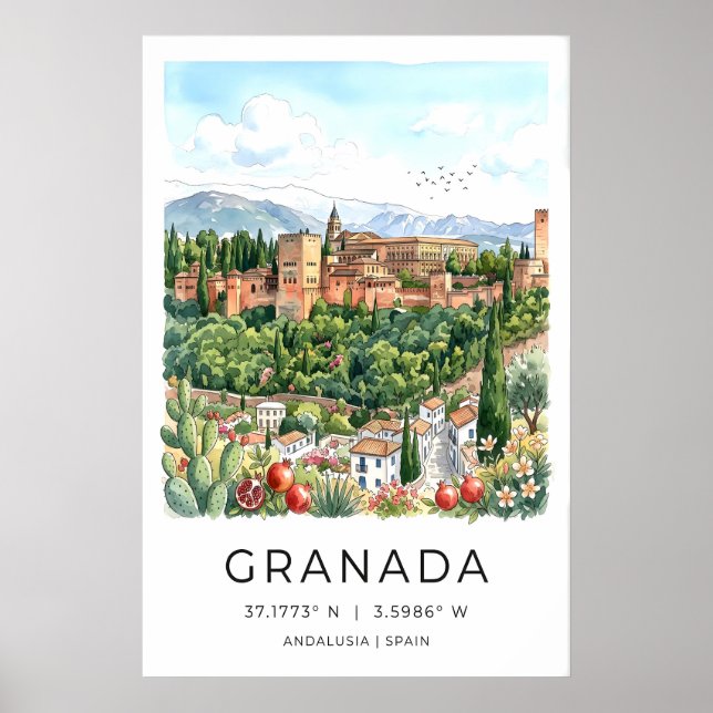 Póster Cartel de viaje de Granada estilo acuarela (Frente)