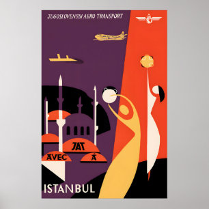 Póster Cartel de viaje de JAT Yugoslav Airlines Estambul