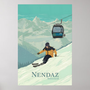 Póster Cartel de viaje de la estación de esquí de Nendaz 