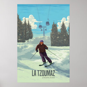 Póster Cartel de viaje de la estación de esquí La Tzoumaz