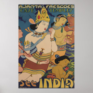 Póster Cartel de viaje de la India antigua Cueva Ajanta T