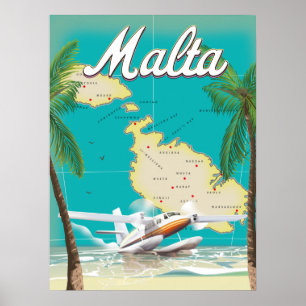 Póster Cartel de viaje de la playa y mapa de Malta