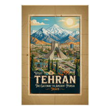 Cartel de viaje de la Torre Azadi y las montañas A