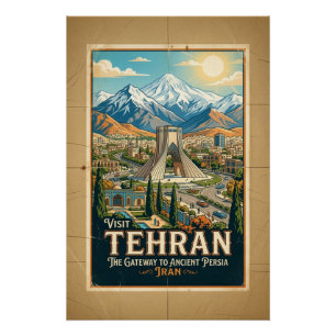 Póster Cartel de viaje de la Torre Azadi y las montañas A