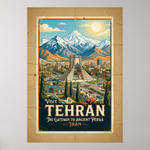 Póster Cartel de viaje de la Torre Azadi y las montañas A