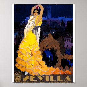 Póster Cartel de Viaje de la Vieja Sevilla España Flame