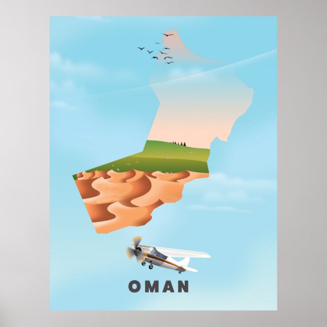 Póster cartel de viaje de mapa ilustrado de Omán (Frente)
