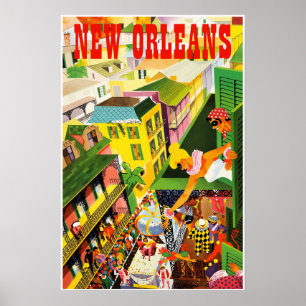 Póster Cartel de viaje de Mardi Gras Nueva Orleans.  