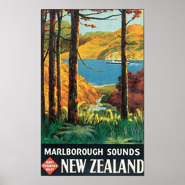 Póster Cartel de viaje de Marlborough Sounds, Nueva Zelan (Frente)