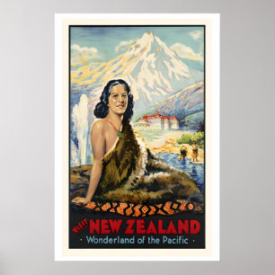 Póster Cartel de viaje de Nueva Zelanda - Enmarcado Sin e