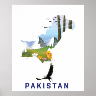 Póster cartel de viaje de Pakistán mapa