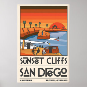Póster Cartel de viaje de San Diego Escena retro de acant
